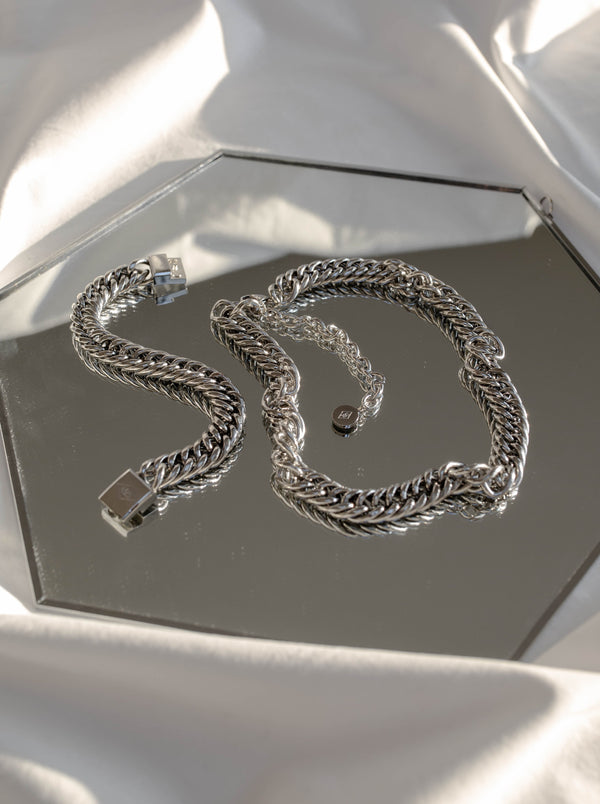 Silver stainless steel cuban link chain and bracelet