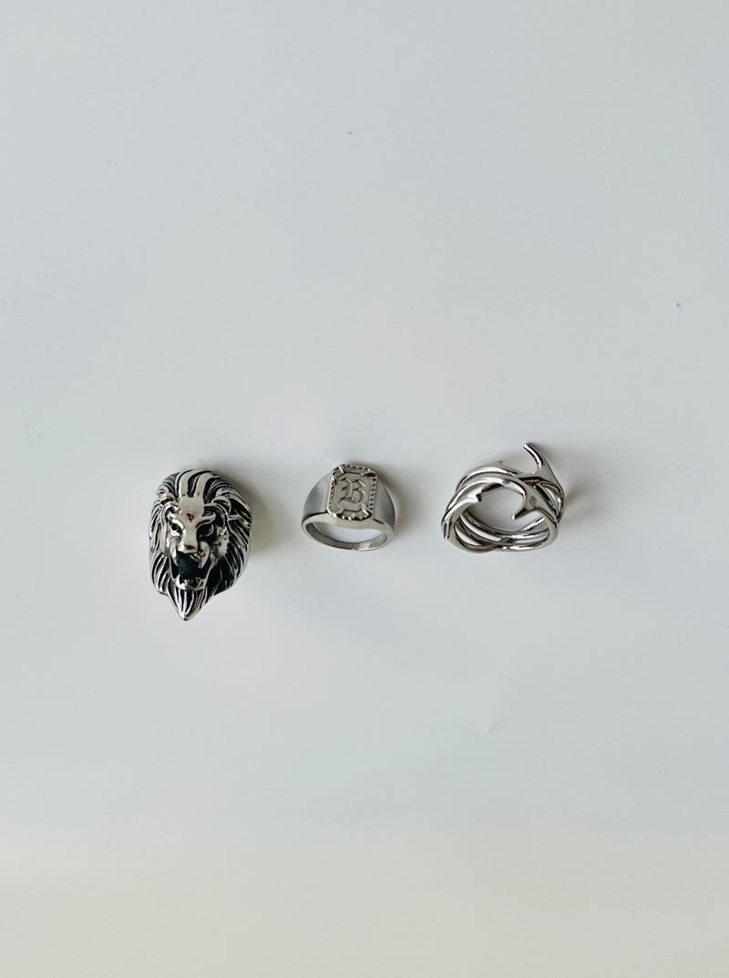 chunky stainless steel rings in silver with lion ring, thorn ring and signet ring