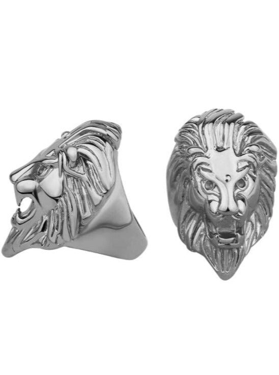 Chunky silver lion ring in stainless steel